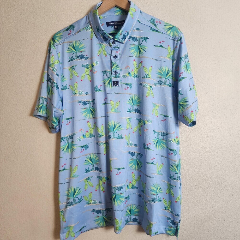 Society Of Threads Polo Shirt Mens XL Blue Cactus Print Golf Stretch Casual